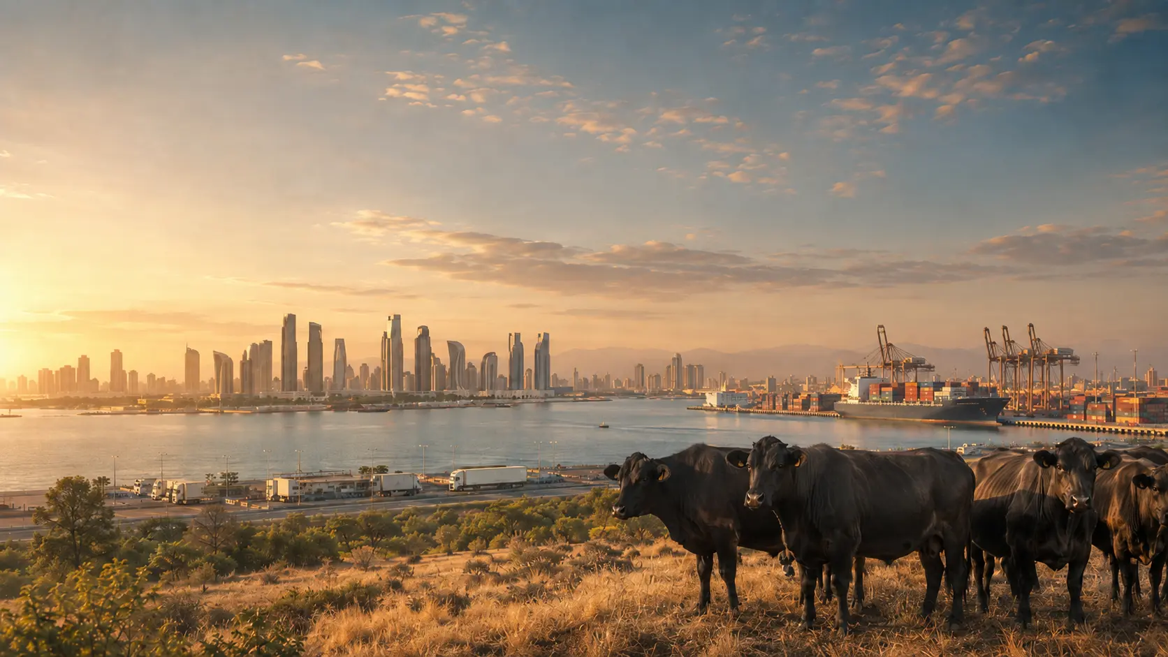 Port infrastructure and cattle against a Gulf city skyline